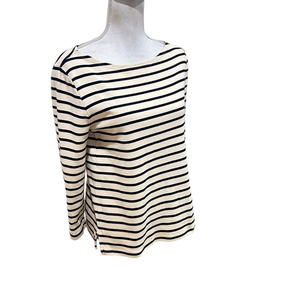 J.Crew Navy & Cream Striped long sleeved Top feather trim cuffs size small - Picture 3 of 11